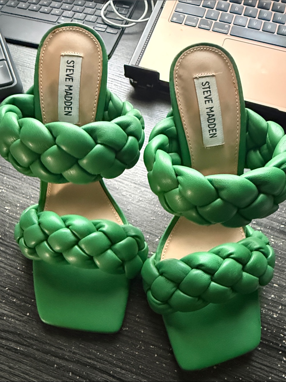 Steve Madden Braided Green Double-Strap Heeled Slides